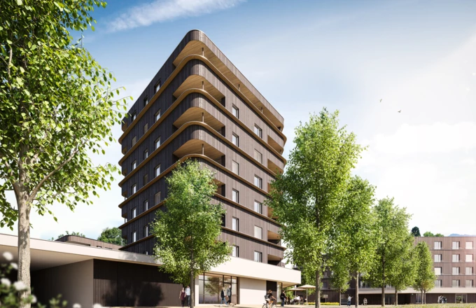 Hoch hinaus mit Holz: Für Bauherr Raiba errichtet Rhomberg Bau im Lustenauer Rheindorf auf acht Stockwerken „erstmals einen Holzbau dieser Größe unter wirtschaftlichen Bedingungen“. Hoch hinaus mit Holz: Für Bauherr Raiba errichtet Rhomberg Bau im Lustenauer Rheindorf auf acht Stockwerken „erstmals einen Holzbau dieser Größe unter wirtschaftlichen Bedingungen“.